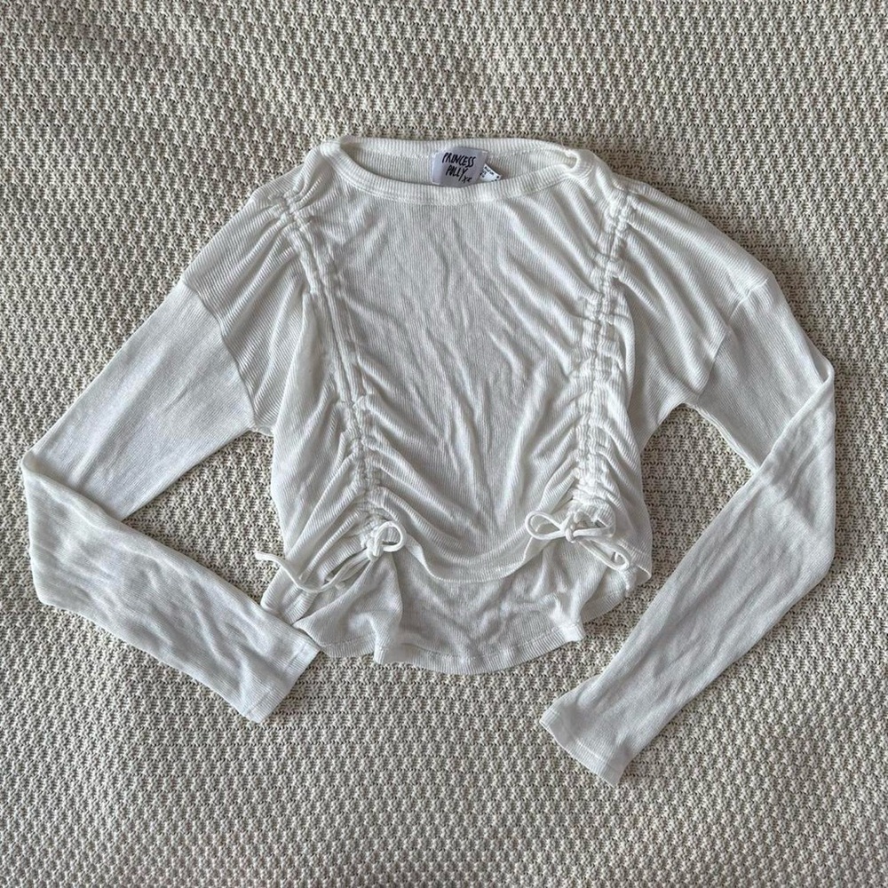 Women's White Ruched Long Sleeve Top - Picture 2 of 4